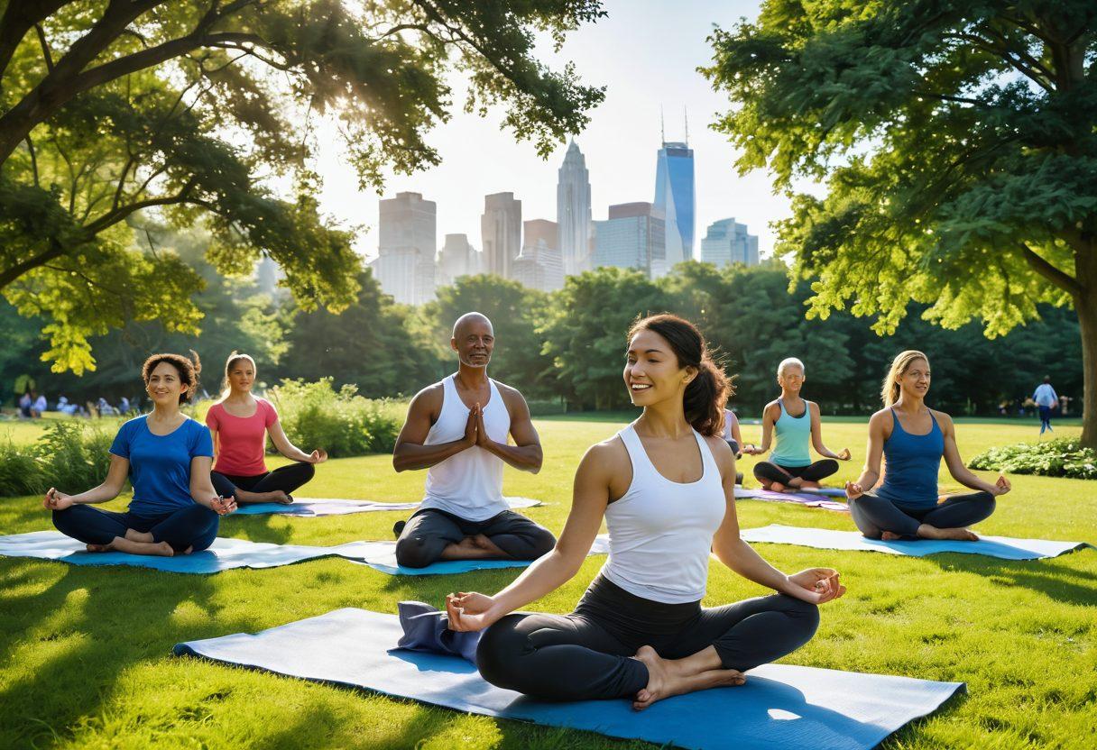A serene family gathering in a bright New Jersey park, showcasing multigenerational family members engaging in healthful activities like yoga and cooking fresh local produce. The background features lush greenery and a glimpse of the New Jersey skyline, symbolizing community and well-being. Enhance with warm sunlight filtering through the trees, diverse families illustrating unity and health. super-realistic. vibrant colors. peaceful atmosphere.