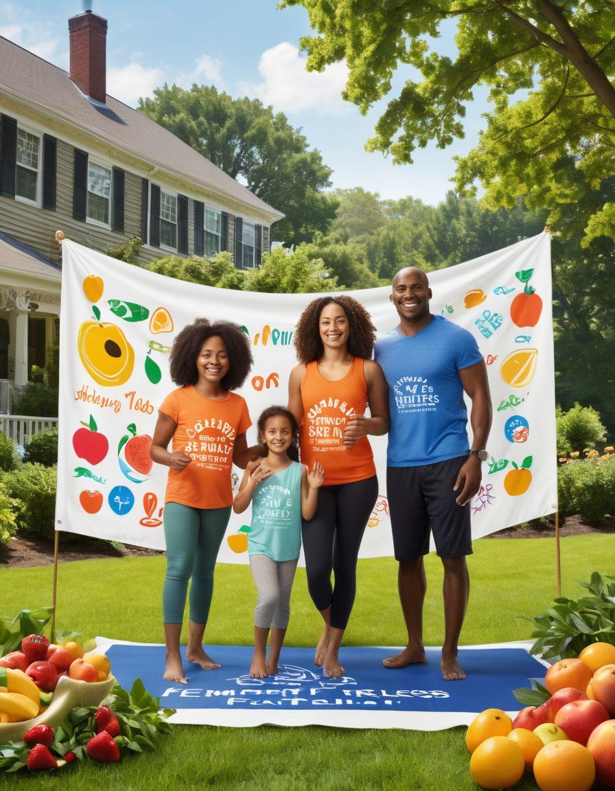 A warm, inviting scene of a diverse group of families in New Jersey enjoying health and wellness activities together, surrounded by lush greenery and community resources. Include a banner that reads 'Empowering Families' with symbols of health like fruits, yoga mats, and healthcare icons. Capture smiling faces and a sense of togetherness. vibrant colors. super-realistic. community-focused.